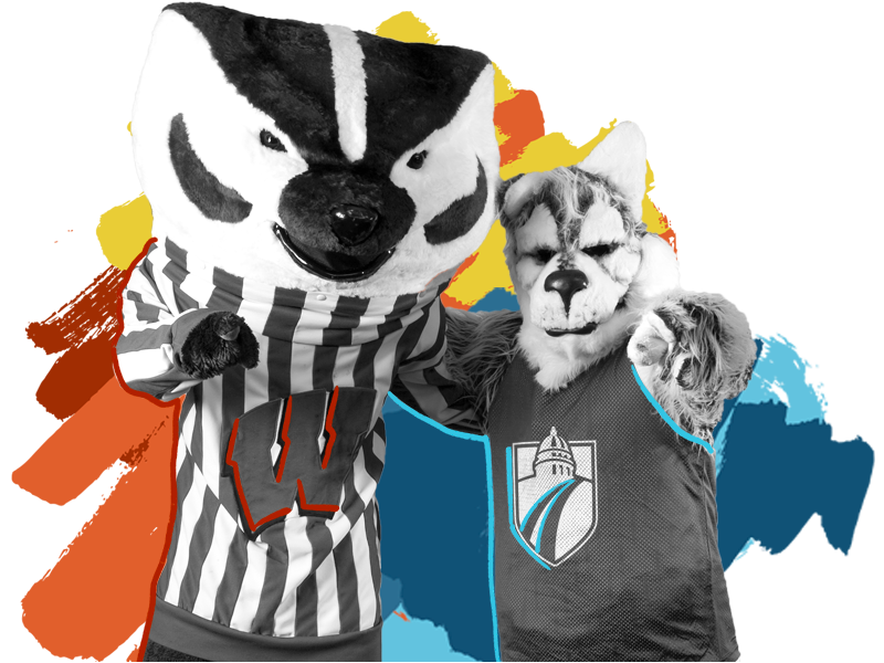 UW-Madison and Madison College mascots posing together